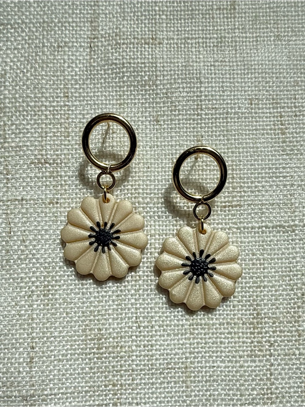 Handmade Polymer Clay Gold Hoop Earrings with Cream Floral Drops